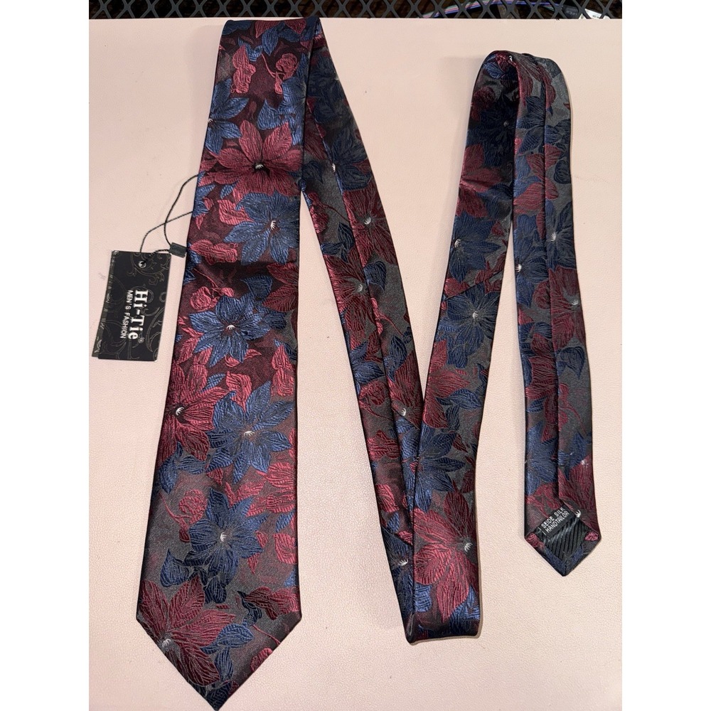 Hi-Tie‎ 100% Silk Floral Necktie Blue Red Black Jacquard Men's Tie 59"